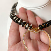 Black Disc Beaded Big Heart Necklace