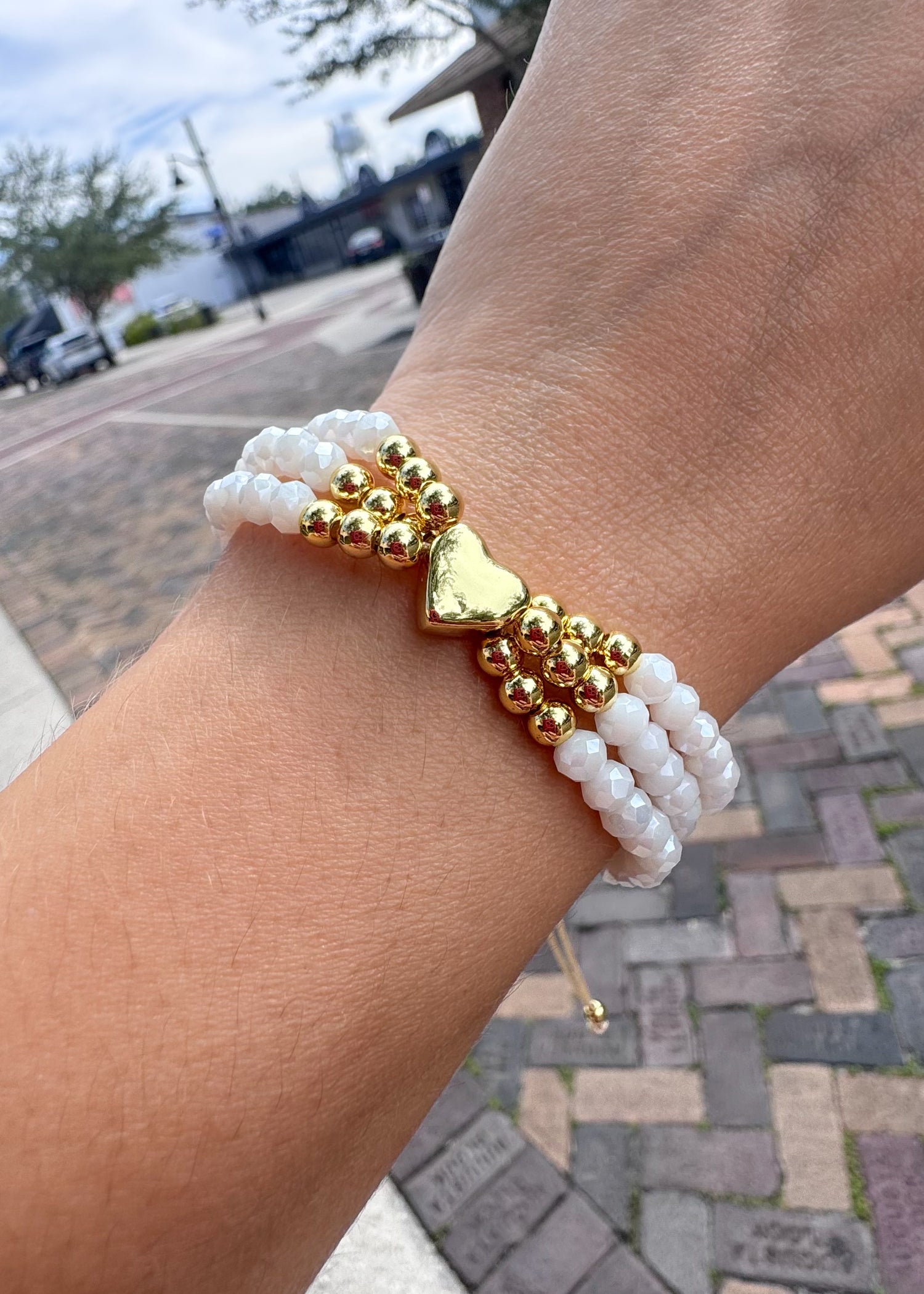 White Crystals 3 Layers Heart Adjustable Bracelet