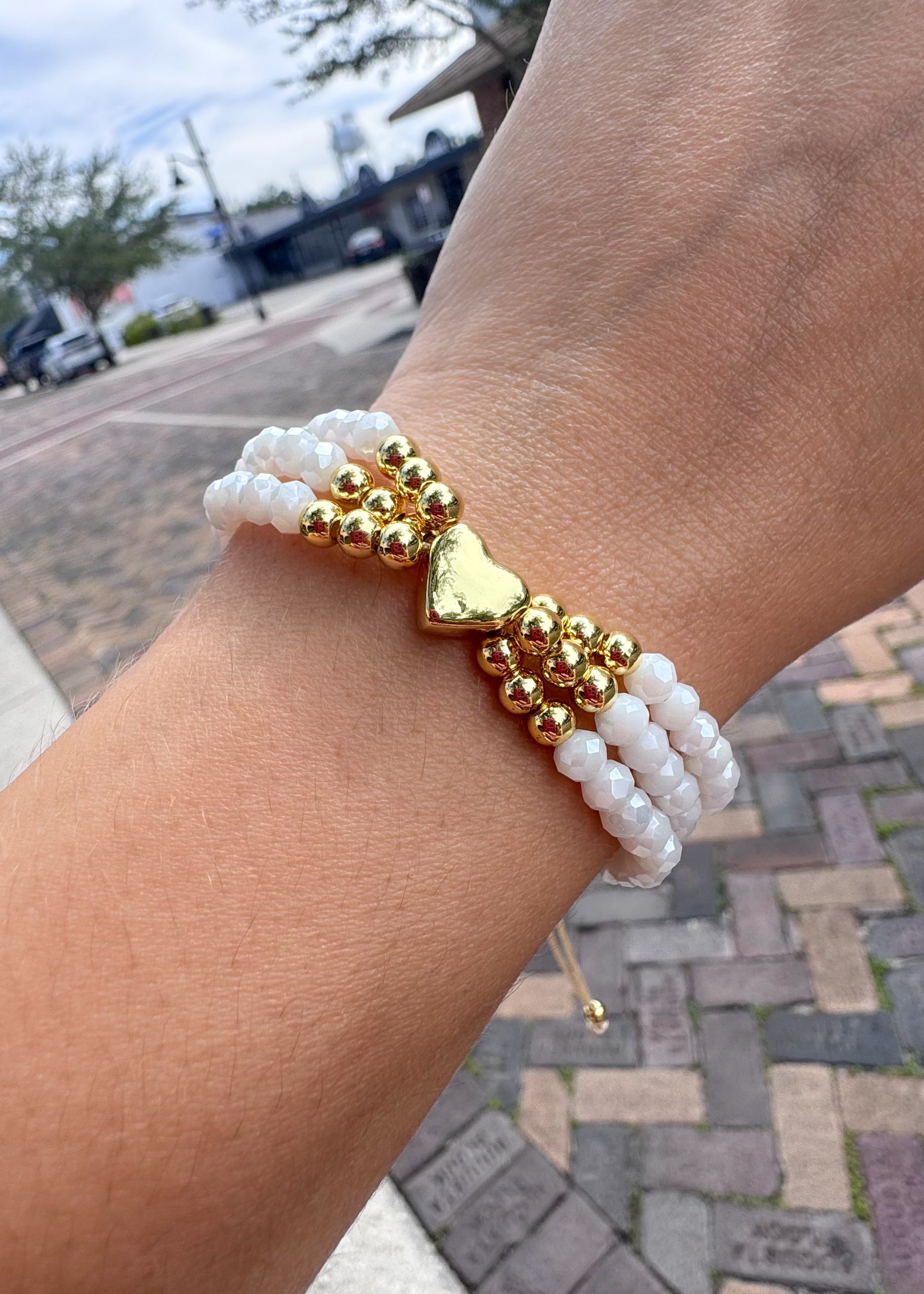 White Crystals 3 Layers Heart Adjustable Bracelet