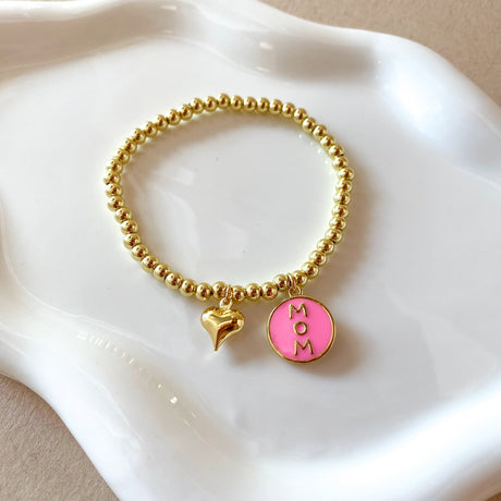 Pink Mom & Heart Elastic Bracelet
