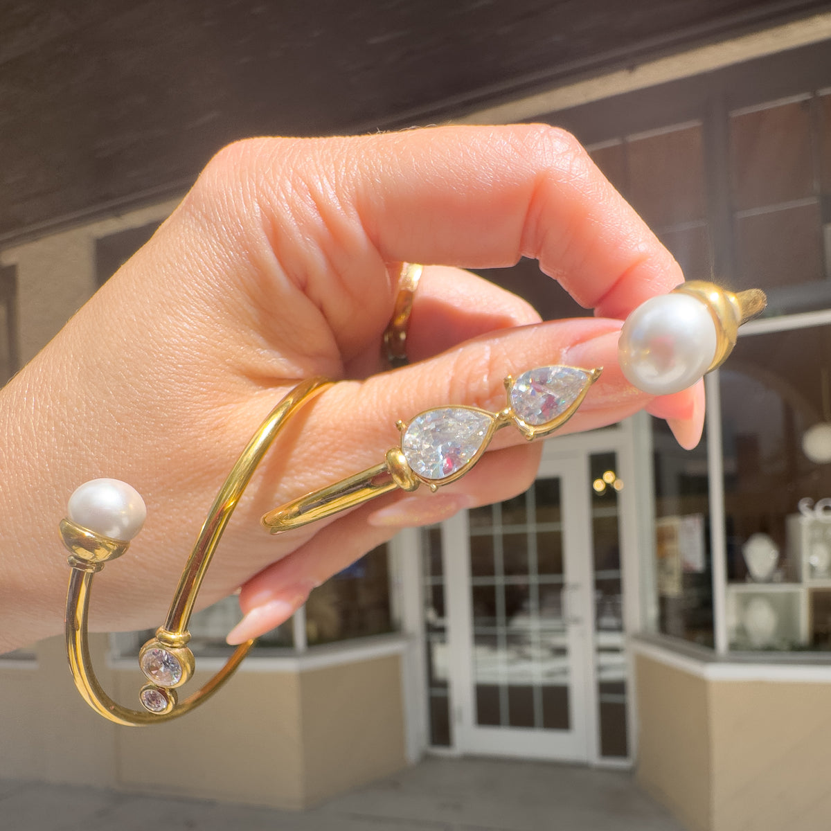 Golden Zircon Drop and Pearl Style Steel Bracelet