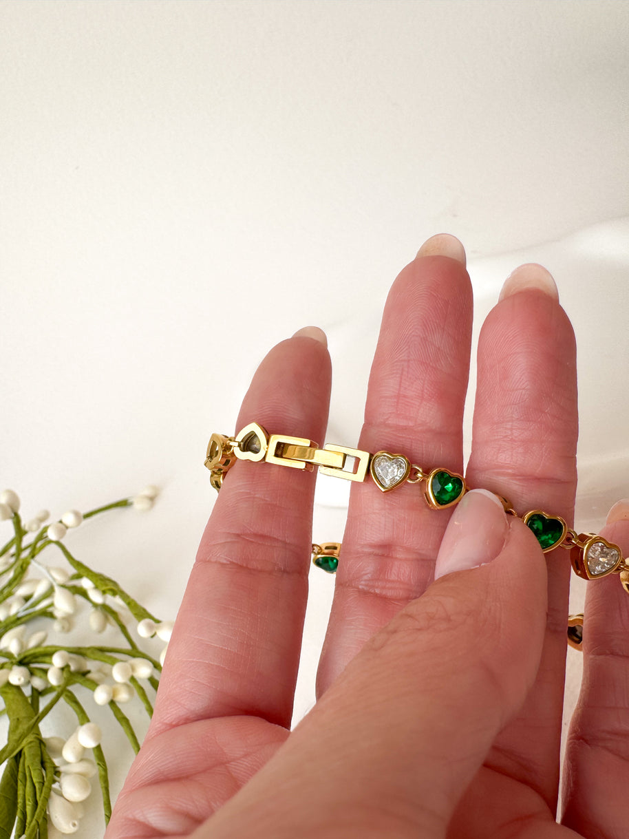 White & Green Hearts Crystal Shape Steel Golden Bracelet