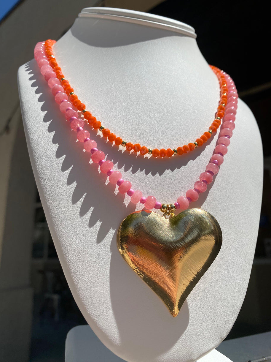 Pink Big Heart & Orange Crystal Necklace