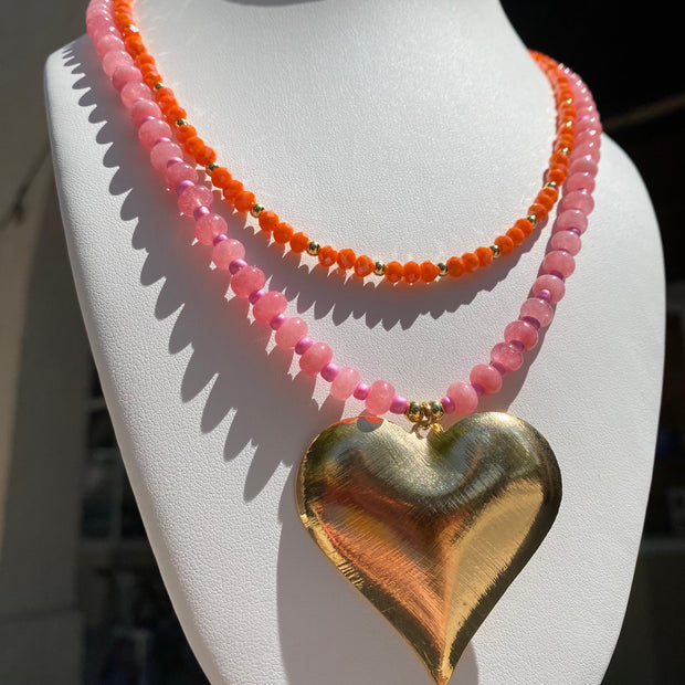Pink Big Heart & Orange Crystal Necklace