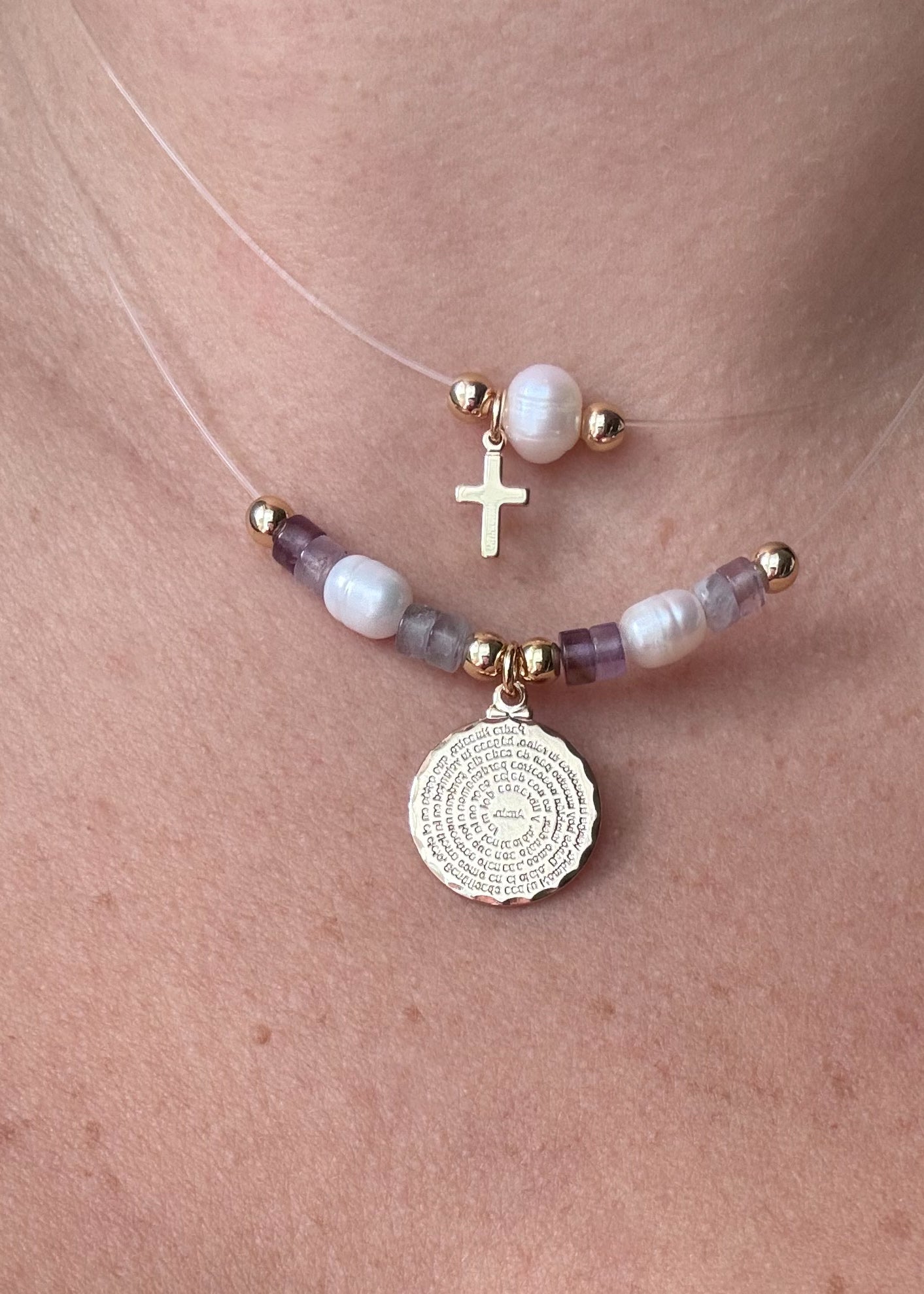 Our Father Pearls and Amethyst Beads Ghost Necklace