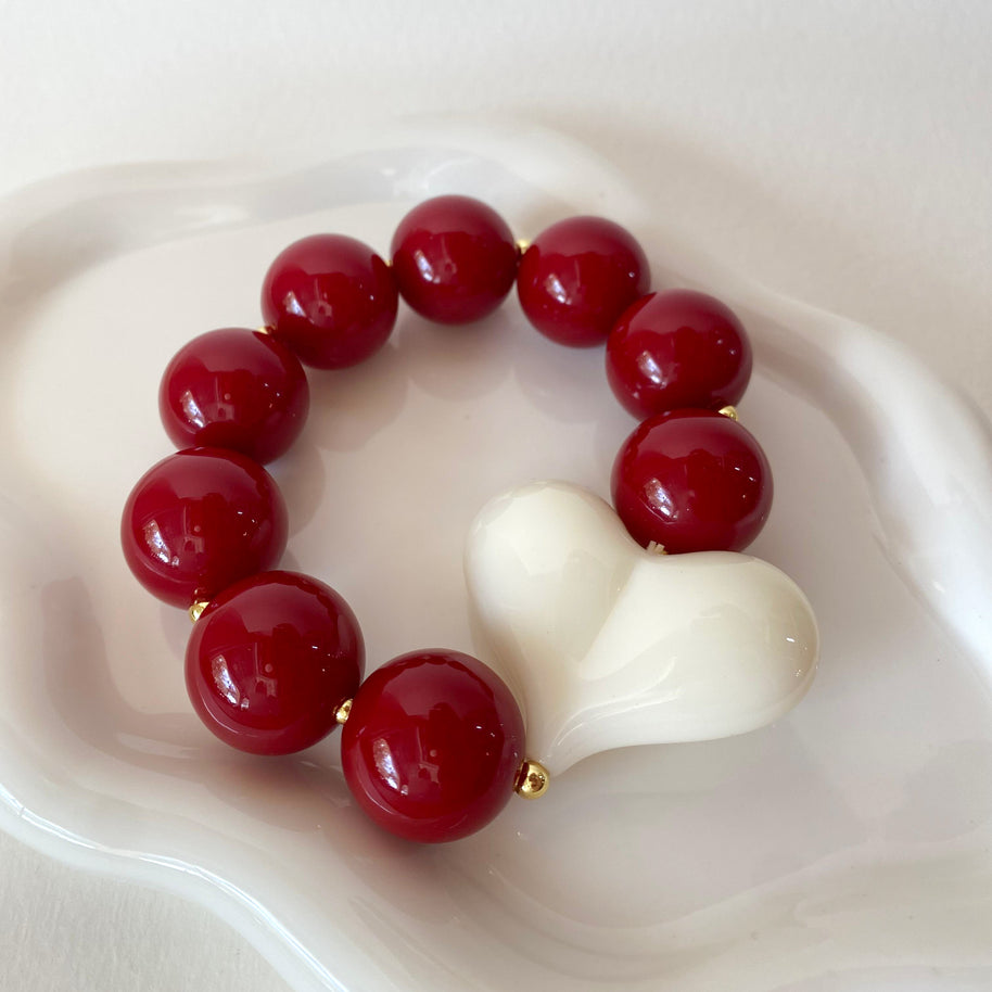 Acrylic Red Wine Gumball Bead with White Heart Bracelet