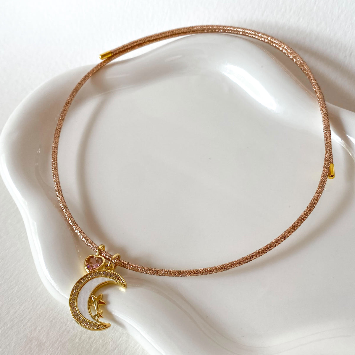 Adjustable Rose Gold Magnetic Cord Moon and Pink Heart Crystal Bracelet/Necklace