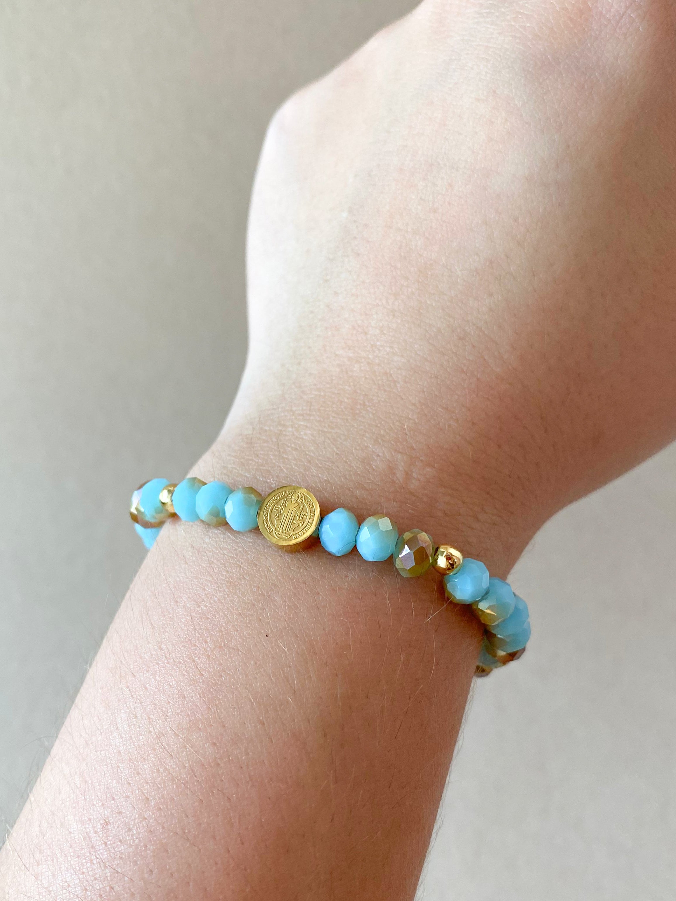 Elastic Crystal Blue, Turquoise and Brown Steel St. Benedict Bracelets