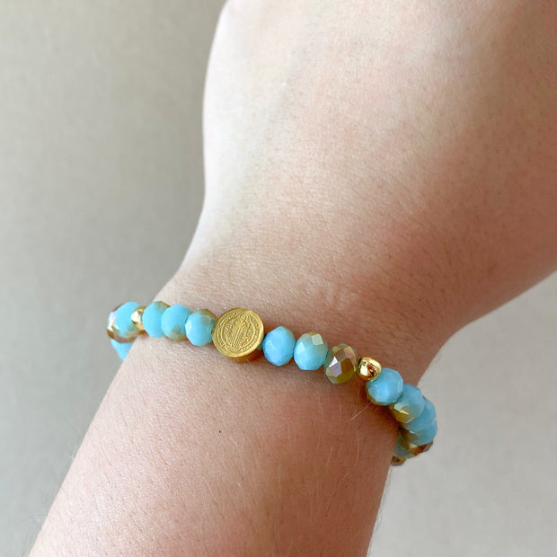 Elastic Crystal Blue, Turquoise and Brown Steel St. Benedict Bracelets