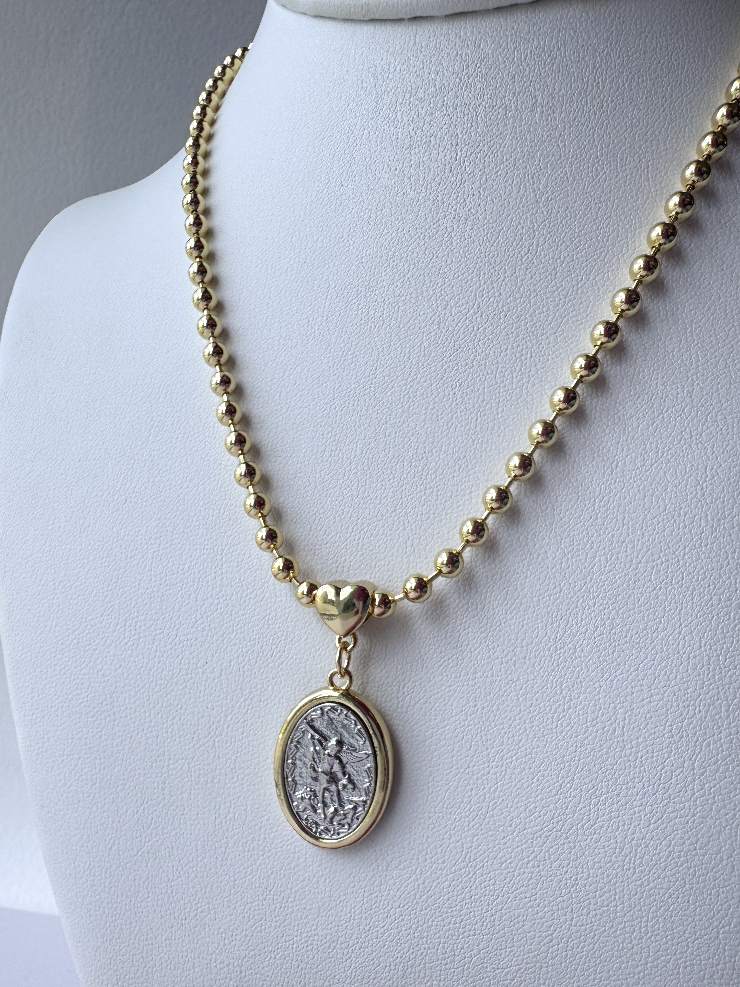 St. Miguel Arcángel Silver & Gold Heart Style Medal Necklace