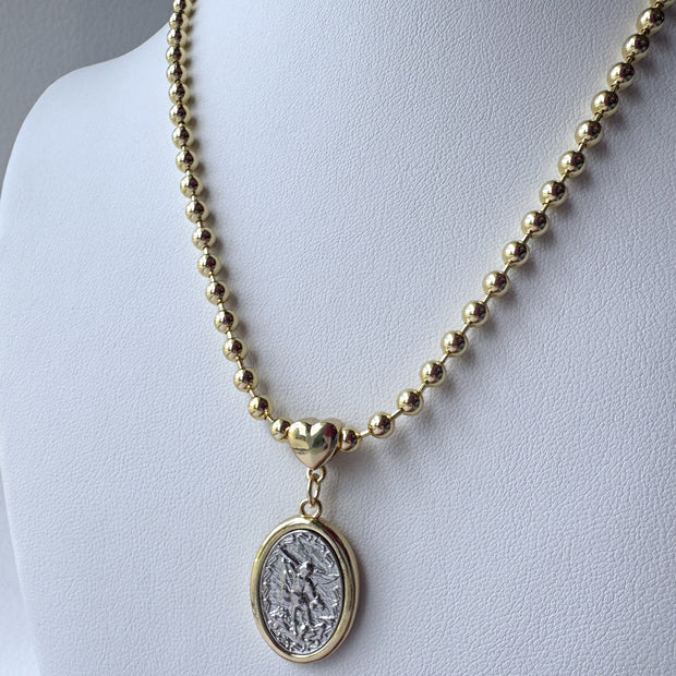 St. Miguel Arcángel Silver & Gold Heart Style Medal Necklace