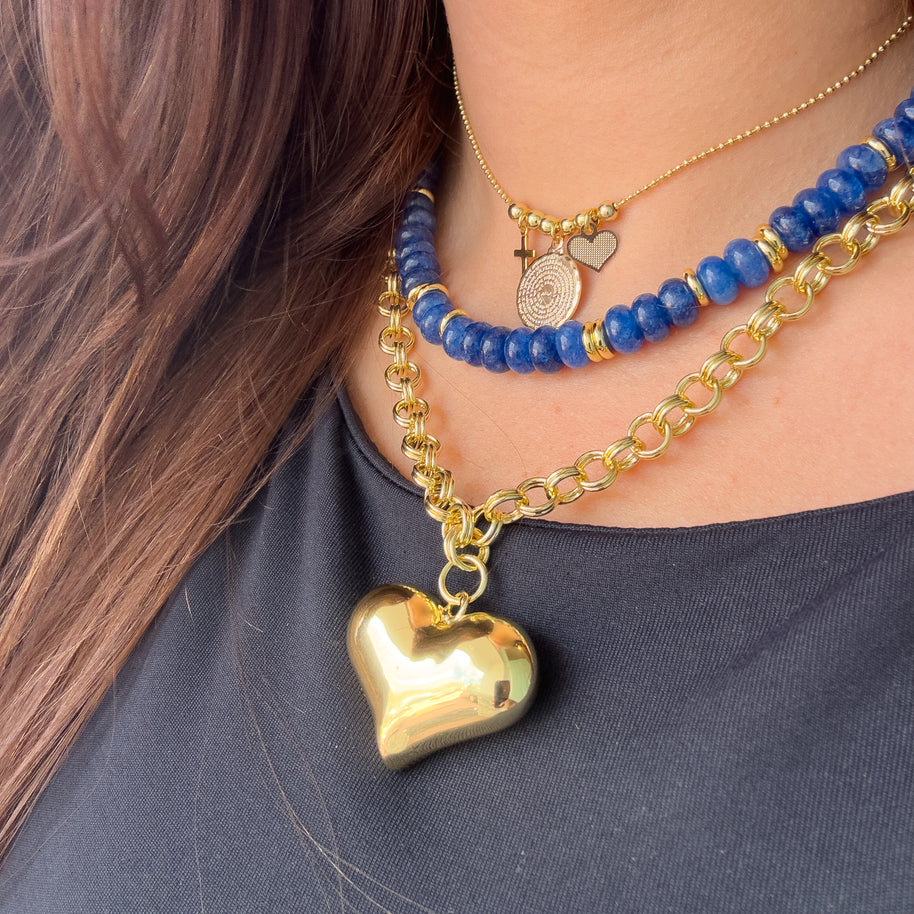 Blue Morganite Beads Necklace or Big Golden Heart Necklace