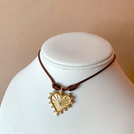 Golden Shiny Medium Heart Brown Leather Adjustable Necklace