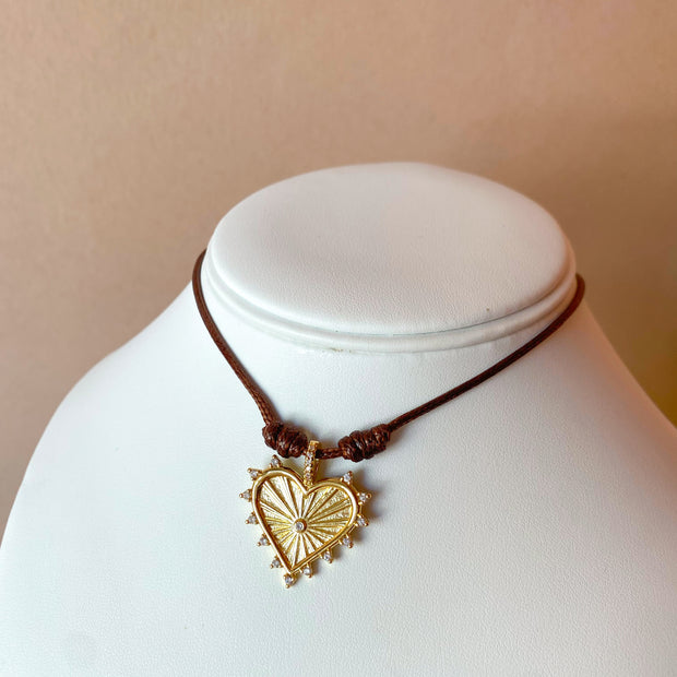 Golden Shiny Medium Heart Brown Leather Adjustable Necklace