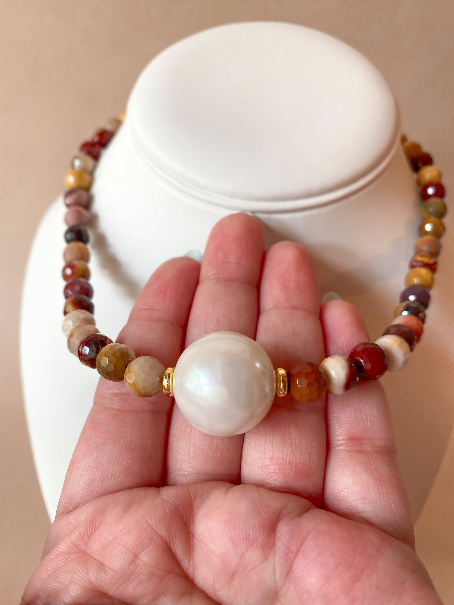 Big Pearl and Brown Gemstones Necklace