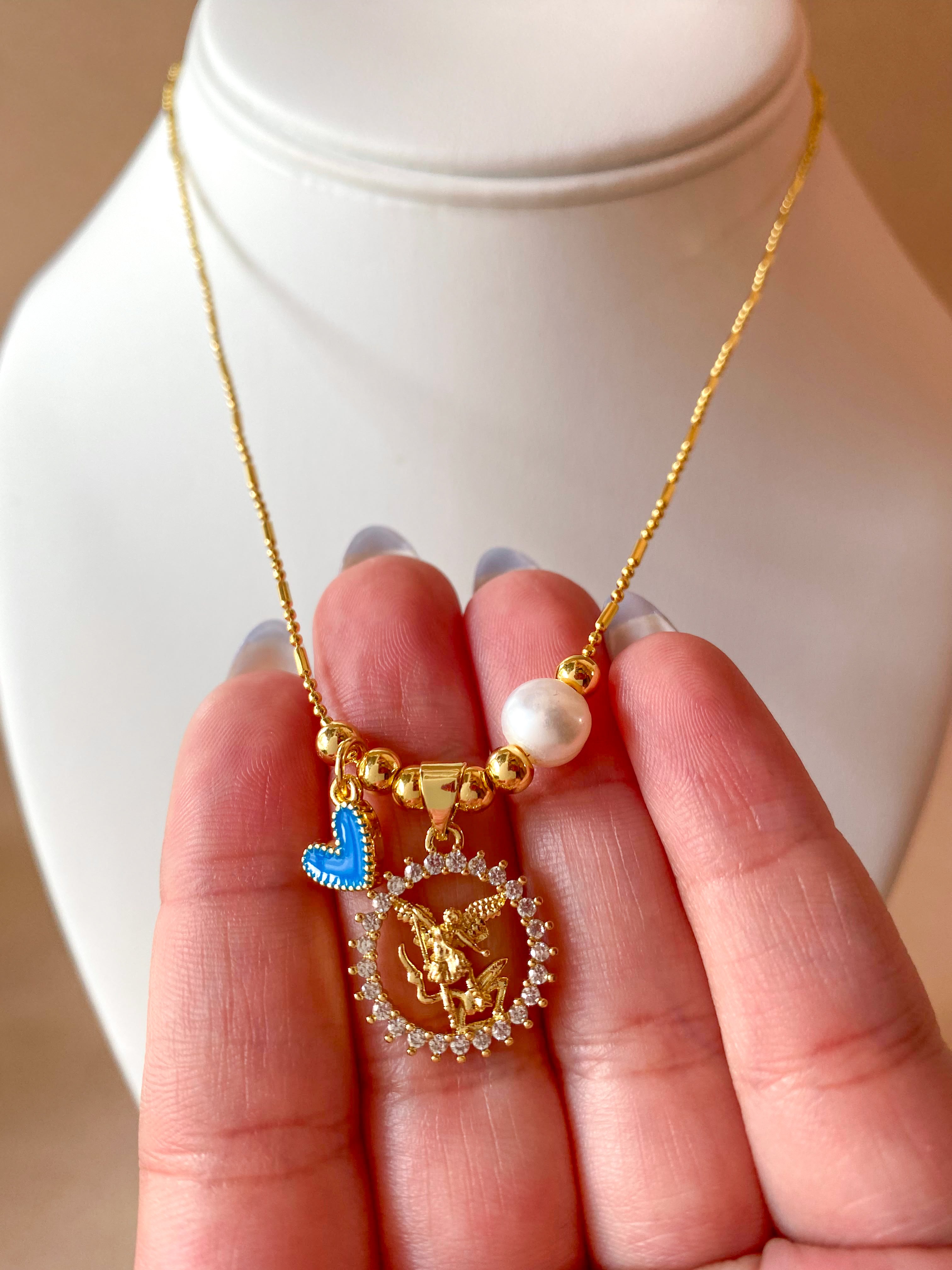 St. Miguel Arcángel, Blue Heart & Pearl Crystal Medal Adjustable Necklace