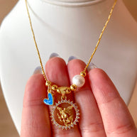 St. Miguel Arcángel, Blue Heart & Pearl Crystal Medal Adjustable Necklace