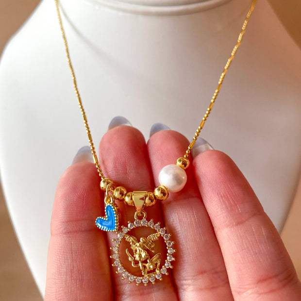 St. Miguel Arcángel, Blue Heart & Pearl Crystal Medal Adjustable Necklace