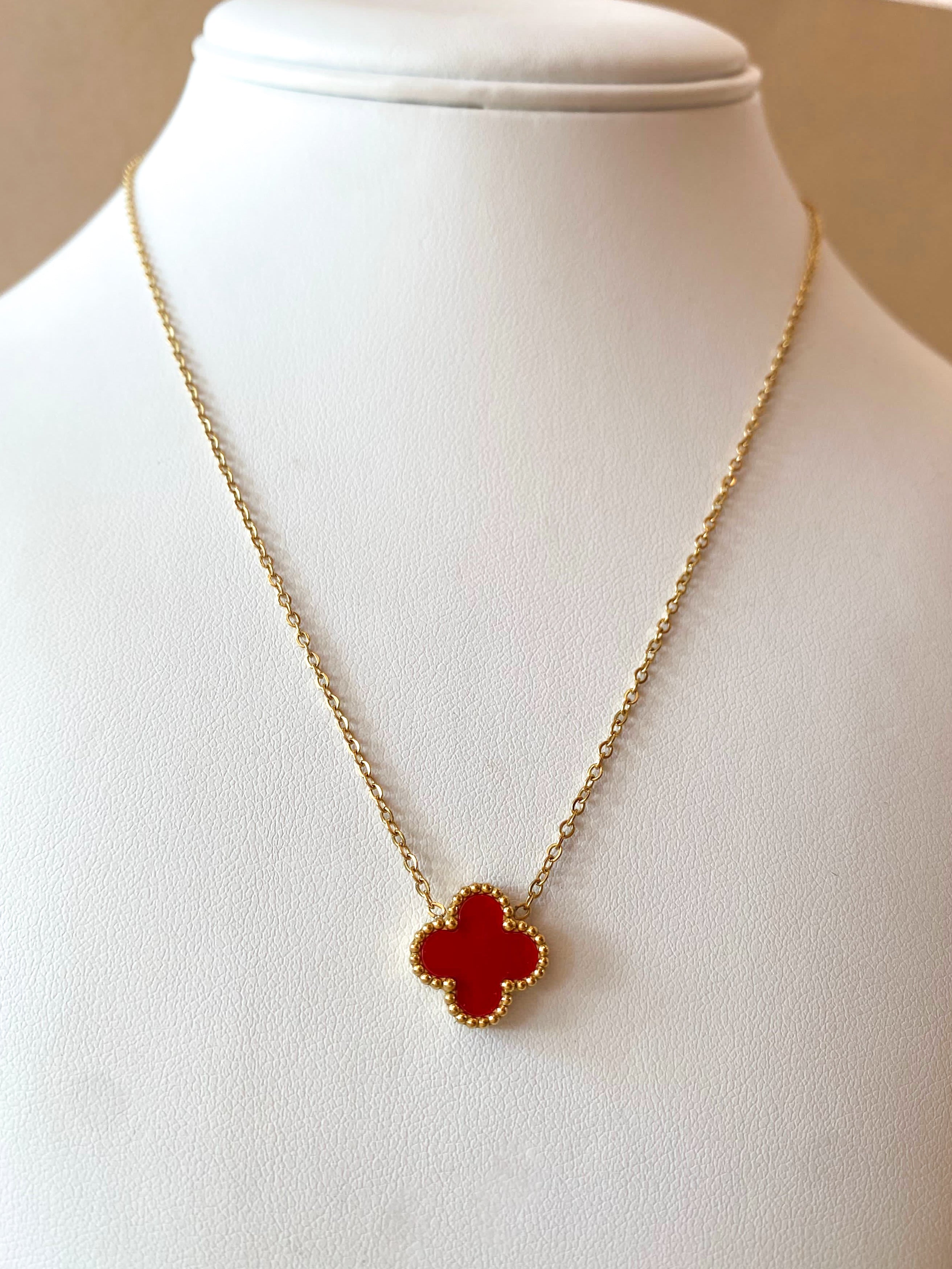 Red and White Clover Stainless Steel Necklaces