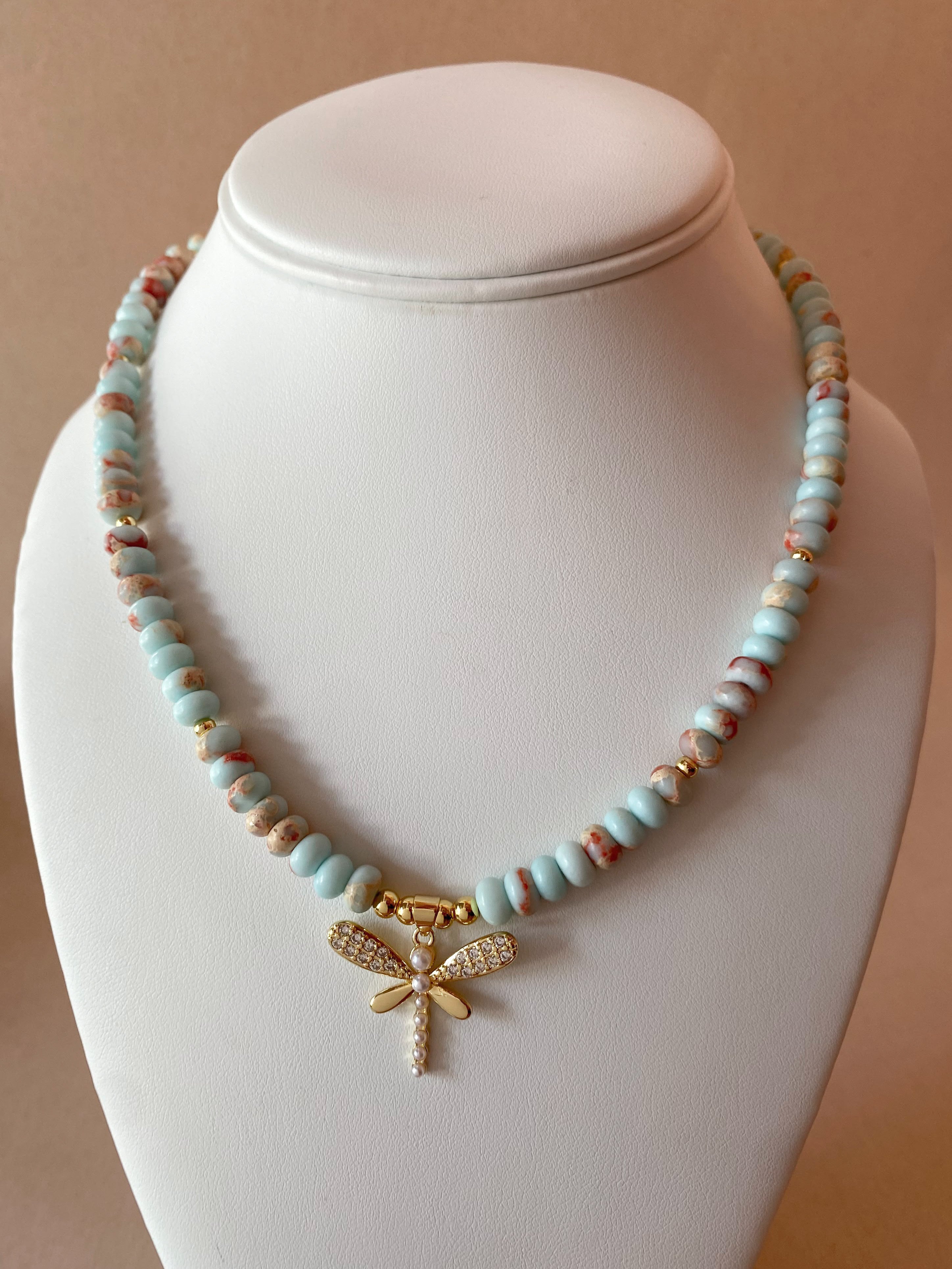 Dragonfly in Light Blue Beads Necklace