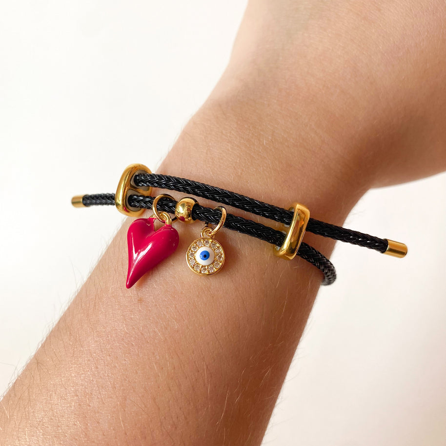 Red Bombom Mini Heart and Evil Eye Adjustable Black Cord Bracelet
