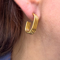 Triple Lines Medium Bar Golden Steel Earrings