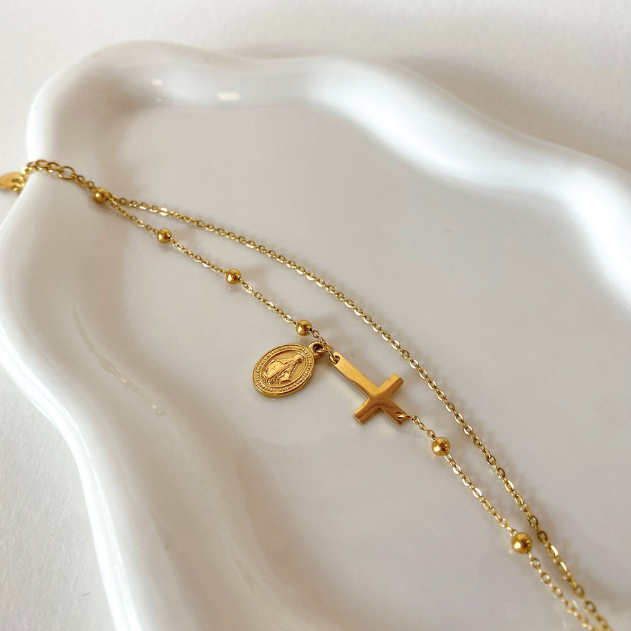 Golden Steel Double Chain Miracle Virgin Rosary Bracelet