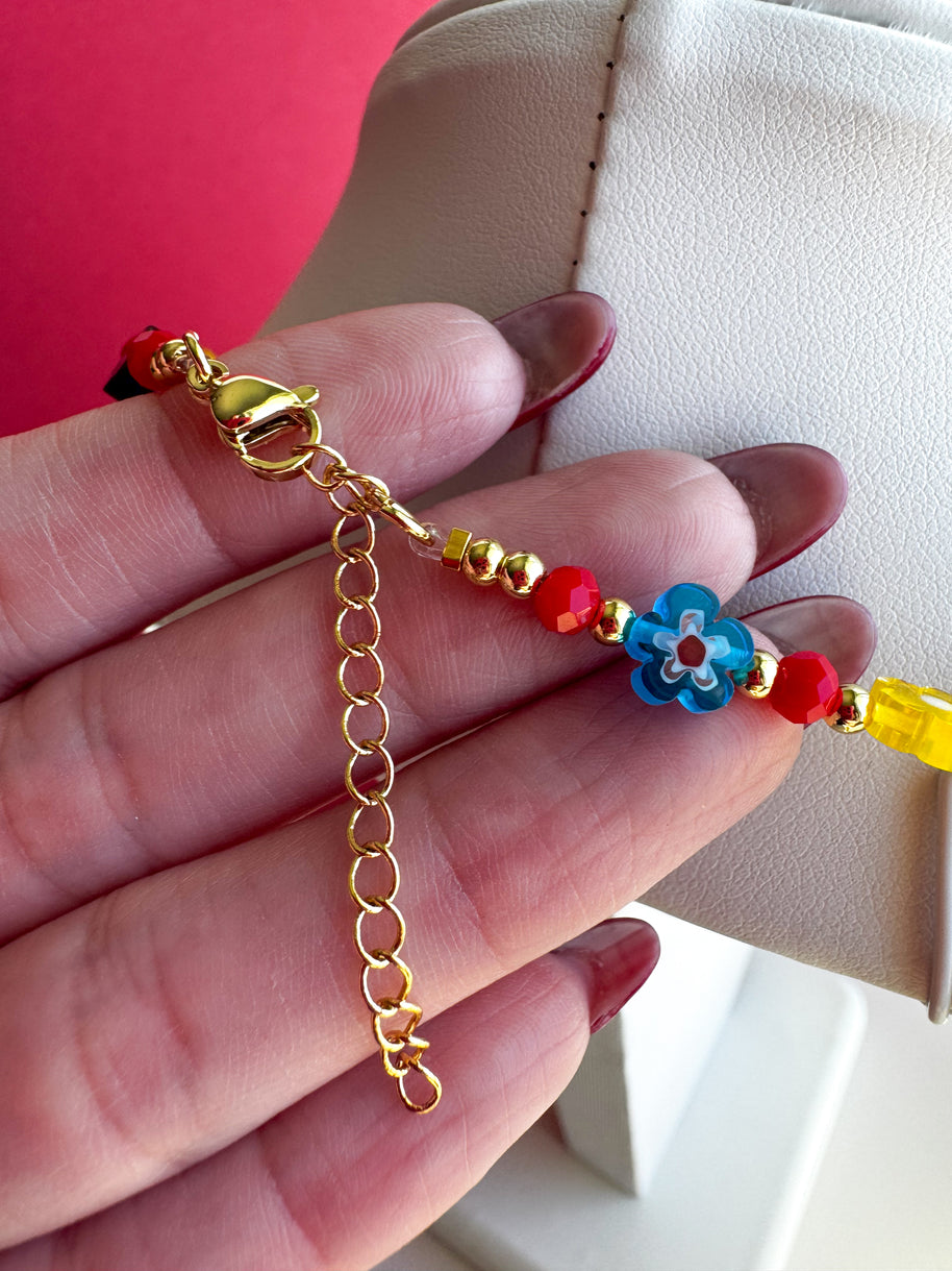 Cadena Flores Coloridas Beads Rojos