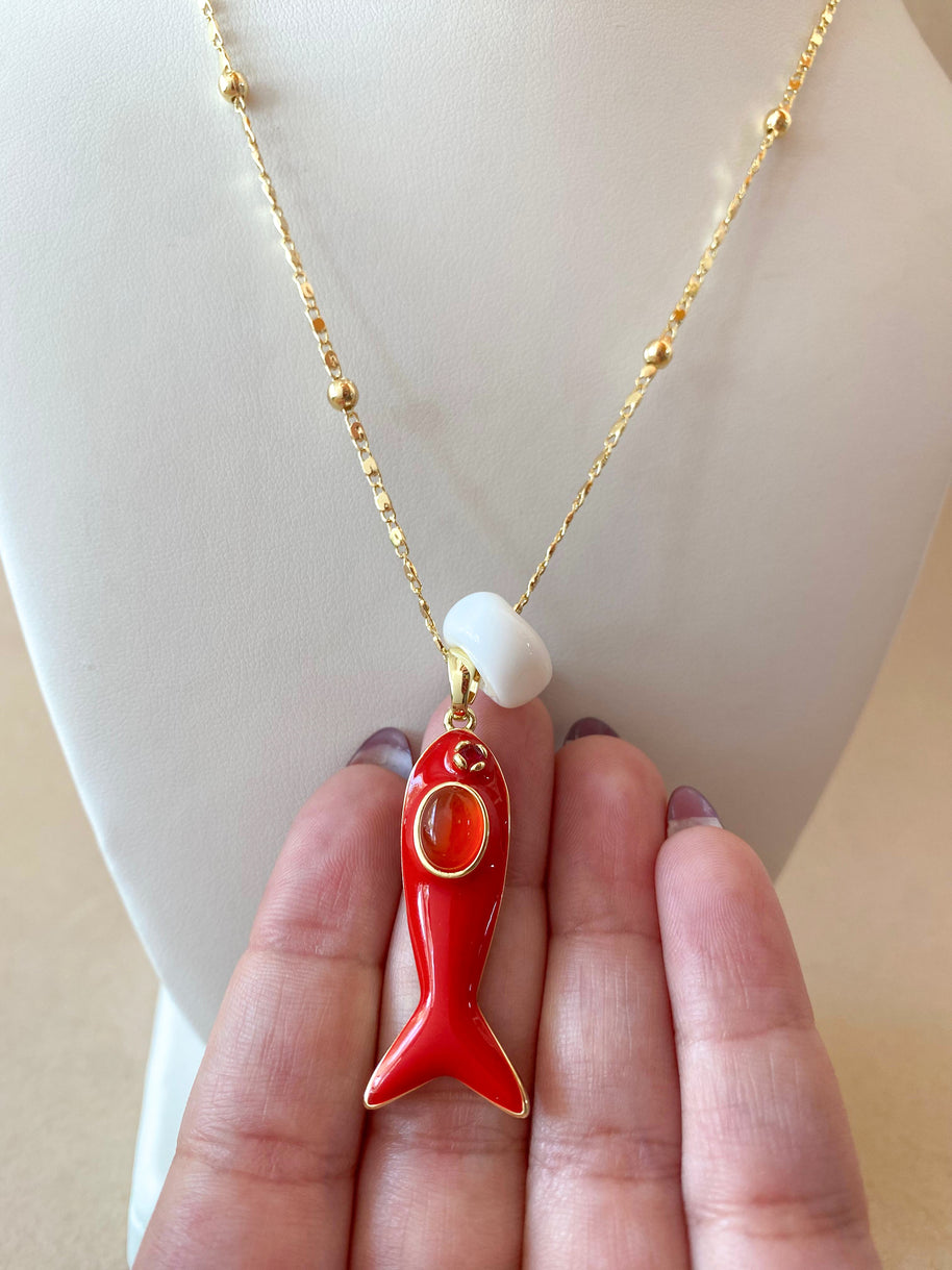 Red Fish Style and White Turkish Stone Ceramic Necklace