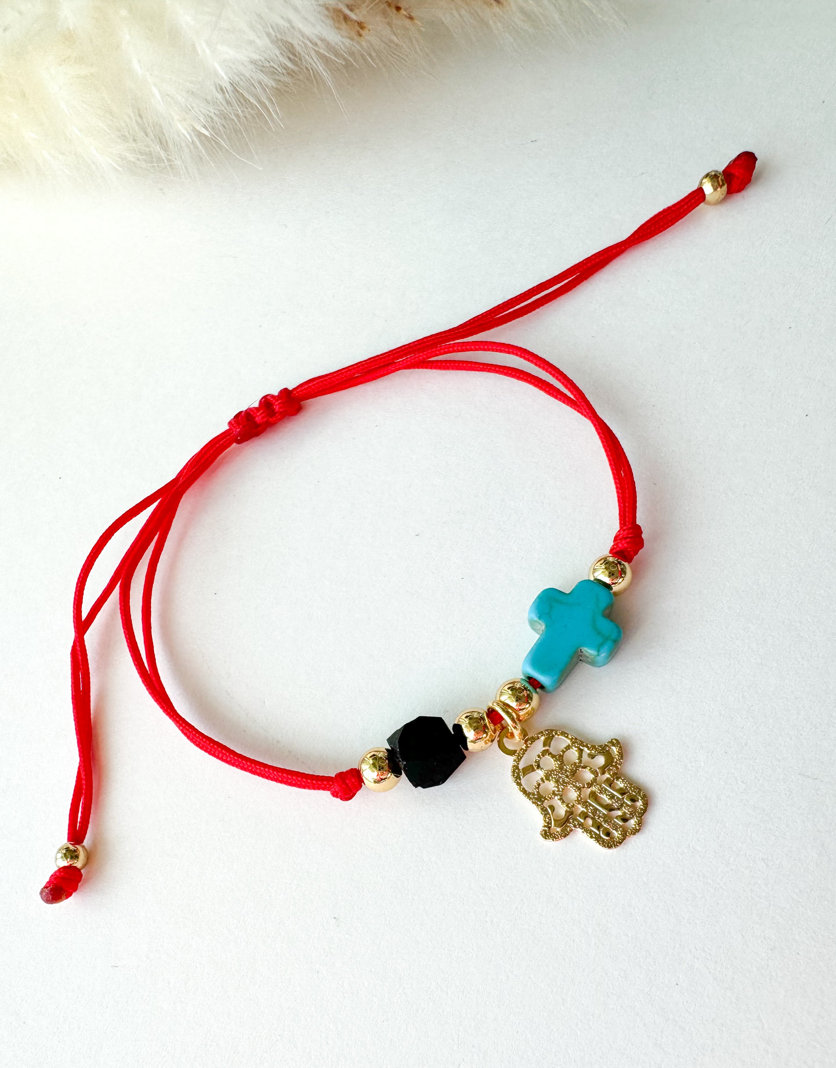 Red Azabache Bracelet with Hand and Cross charm