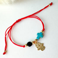 Red Azabache Bracelet with Hand and Cross charm