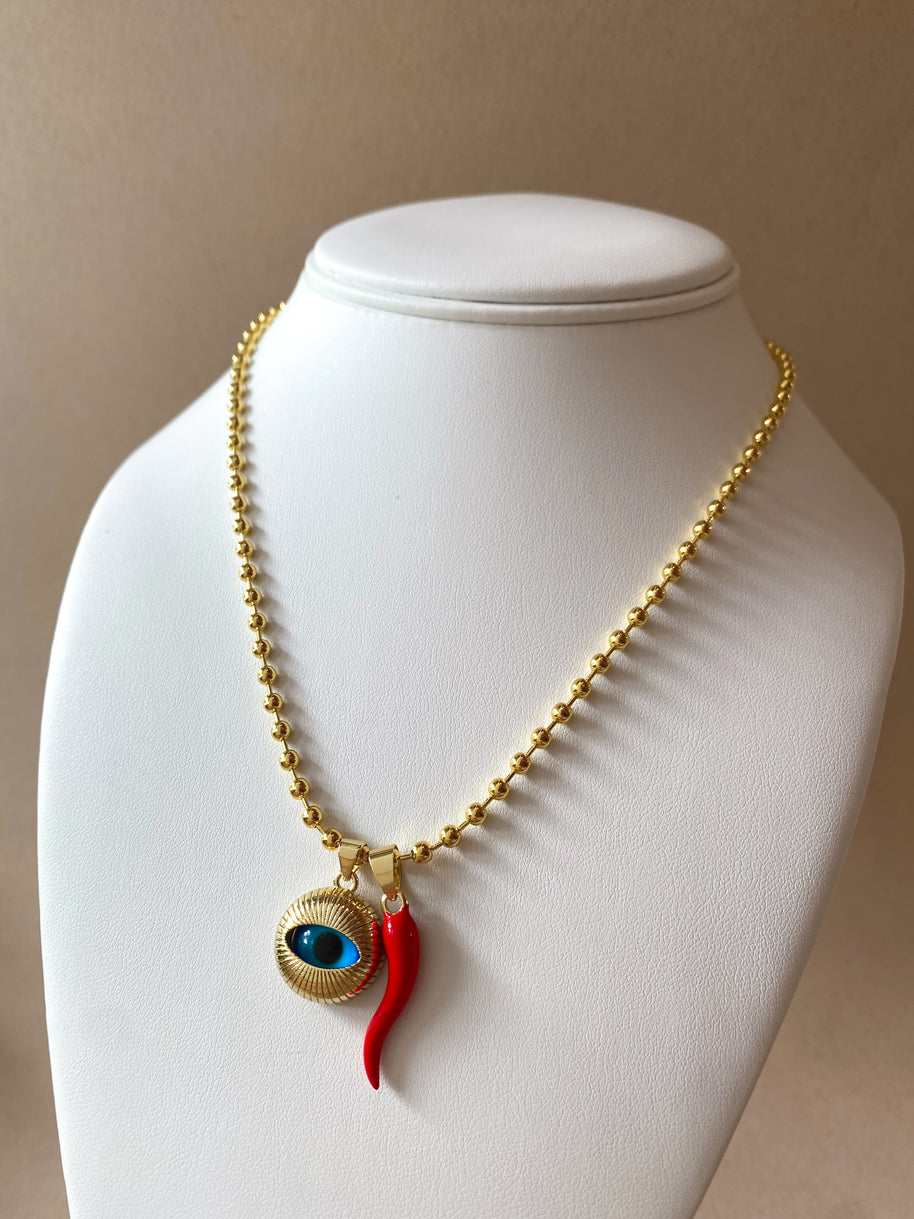Golden Medium Evil Eye and Red Horn Necklace
