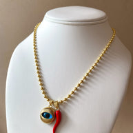 Golden Medium Evil Eye and Red Horn Necklace
