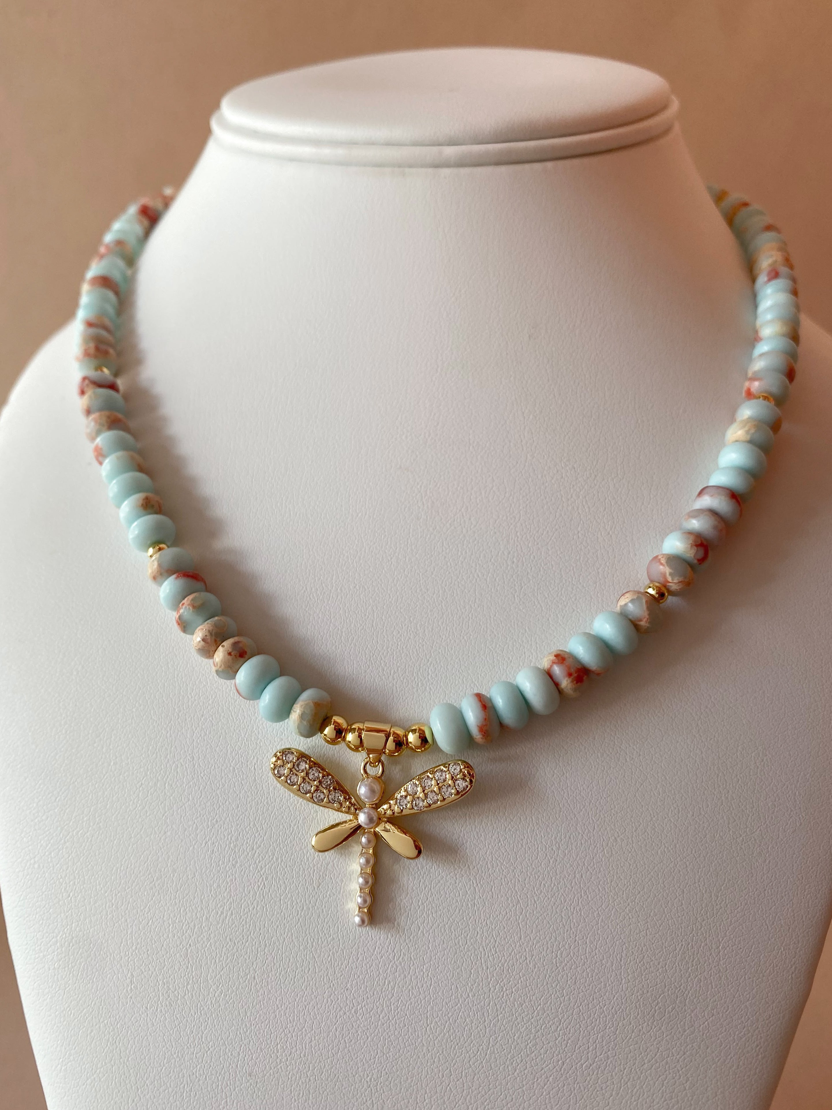 Dragonfly in Light Blue Beads Necklace