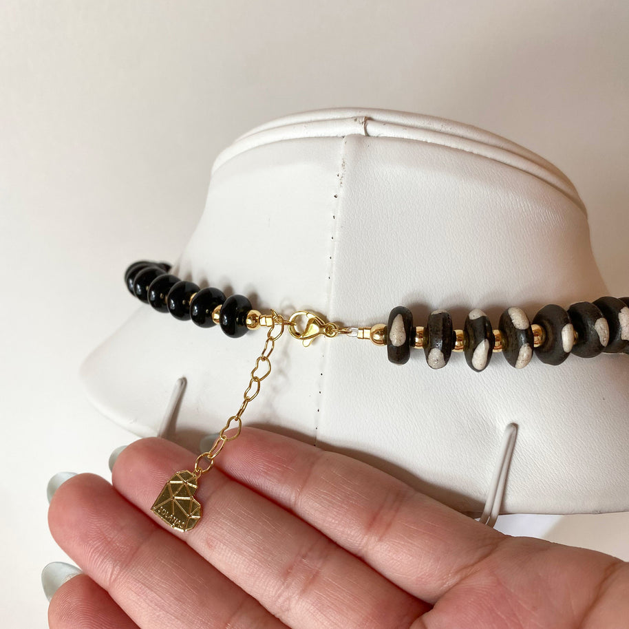 Black Disc Beaded Big Heart Necklace
