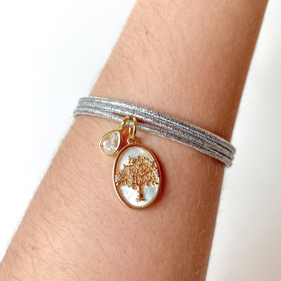 Adjustable Shiny Silver Magnetic Cord Tree of Life and Clear Drop Crystal Bracelet/Necklace