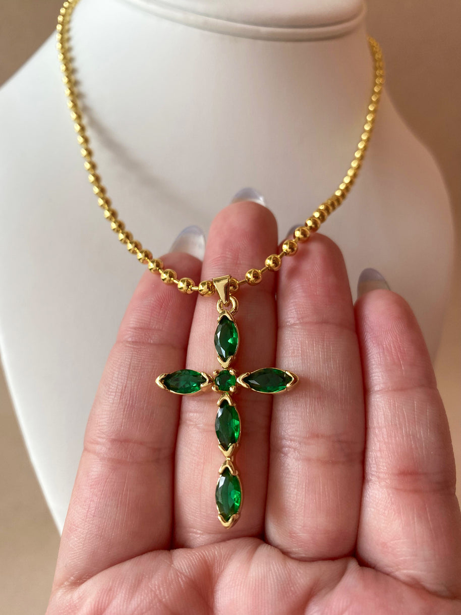 Green Cross Crystals Charm Necklace