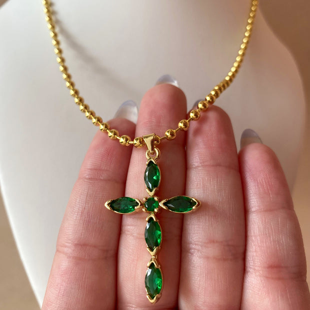 Green Cross Crystals Charm Necklace