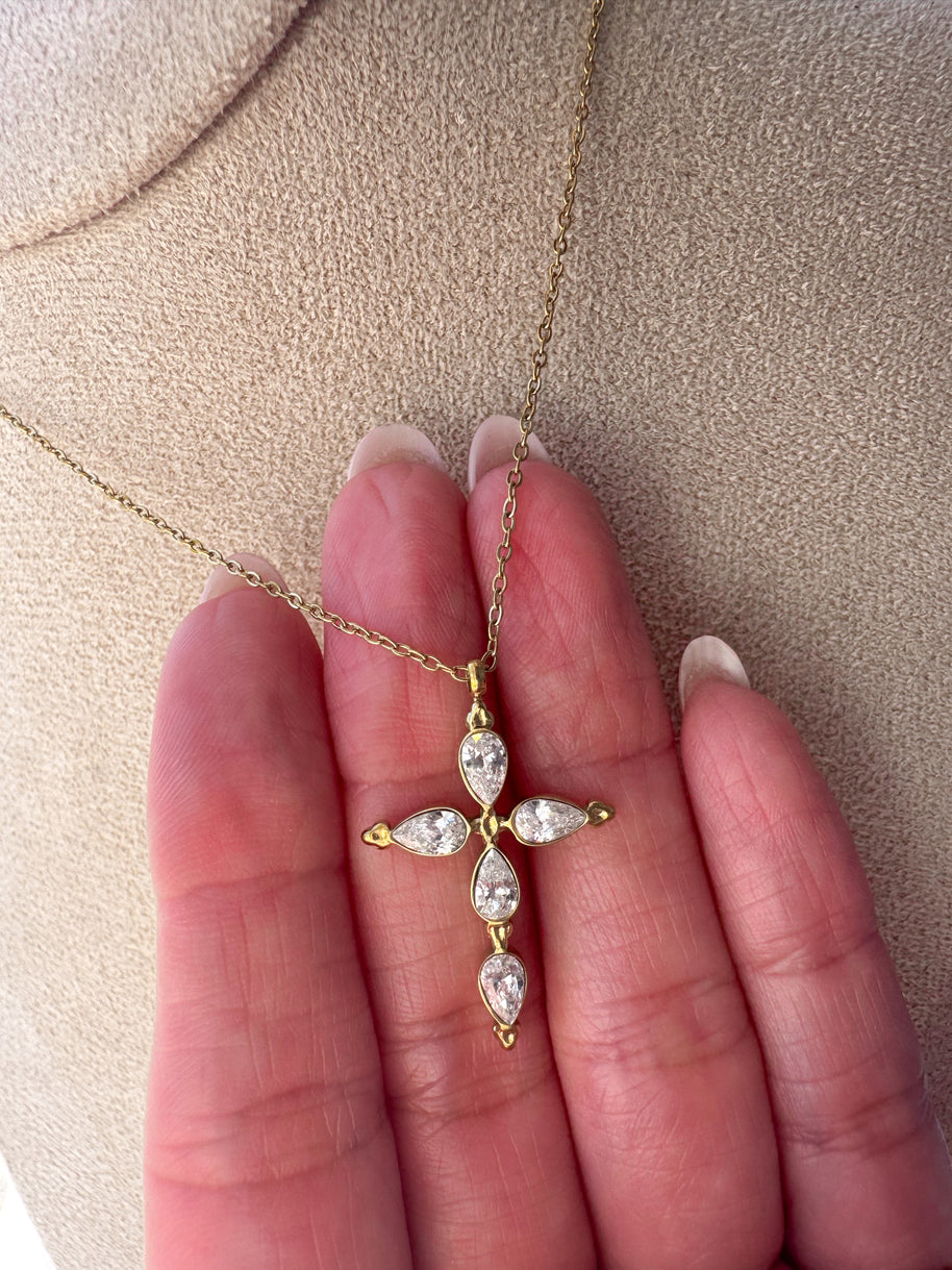 Golden Crystal Cross Steel Necklace