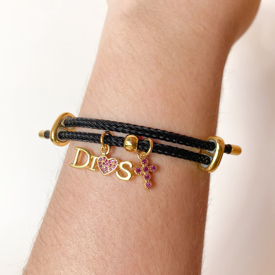 Dios and Crystal Mini Cross Pink in Black Cord Adjustable Bracelet