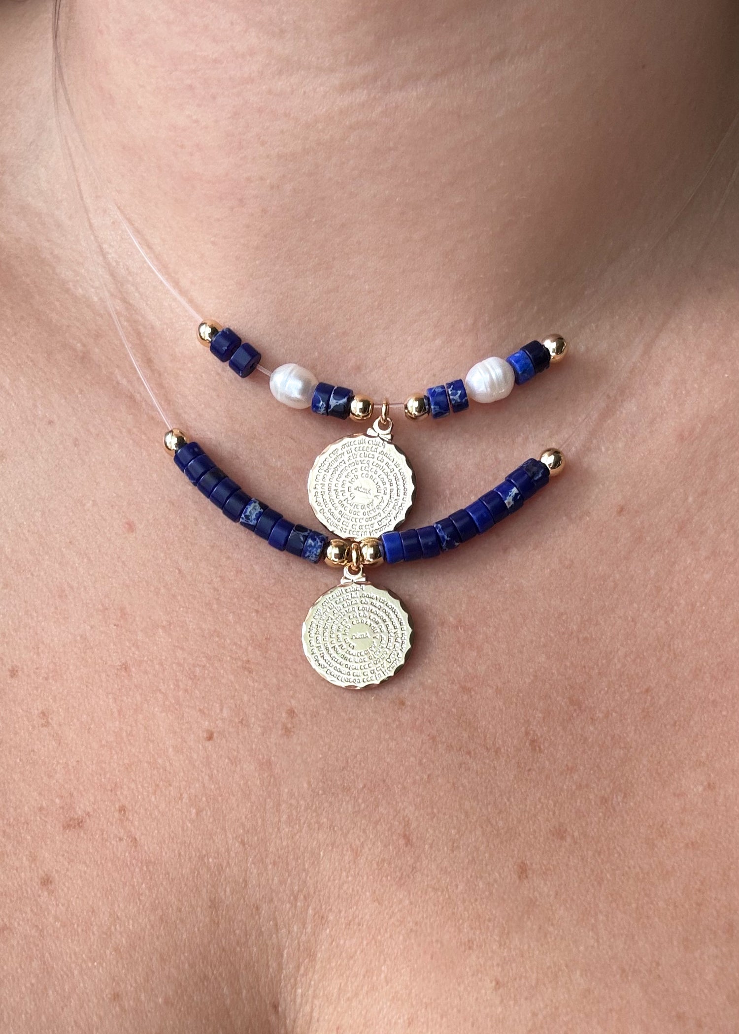 2 Styles of Our Father Pearls and Lapislazuli Ghost Necklace