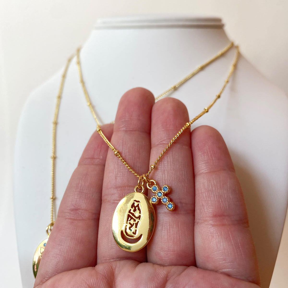 St Miguel or Chinita Virgin Medal Cross Necklace
