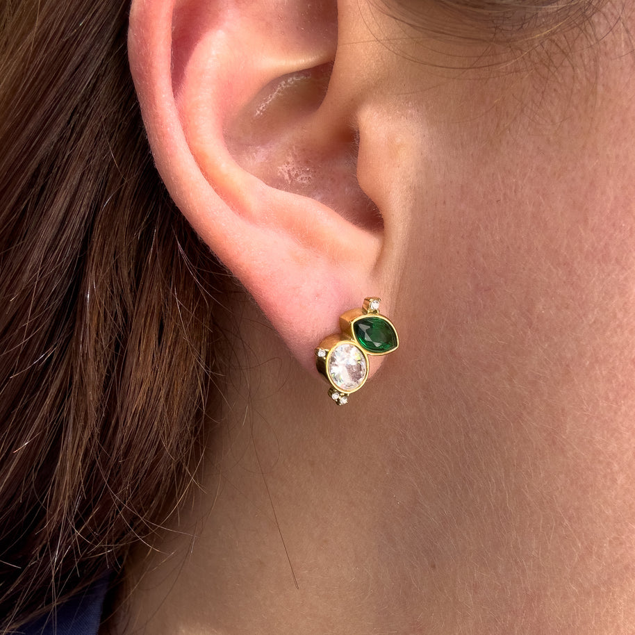 2 Drop Zircon Green and Clear Steel Earrings