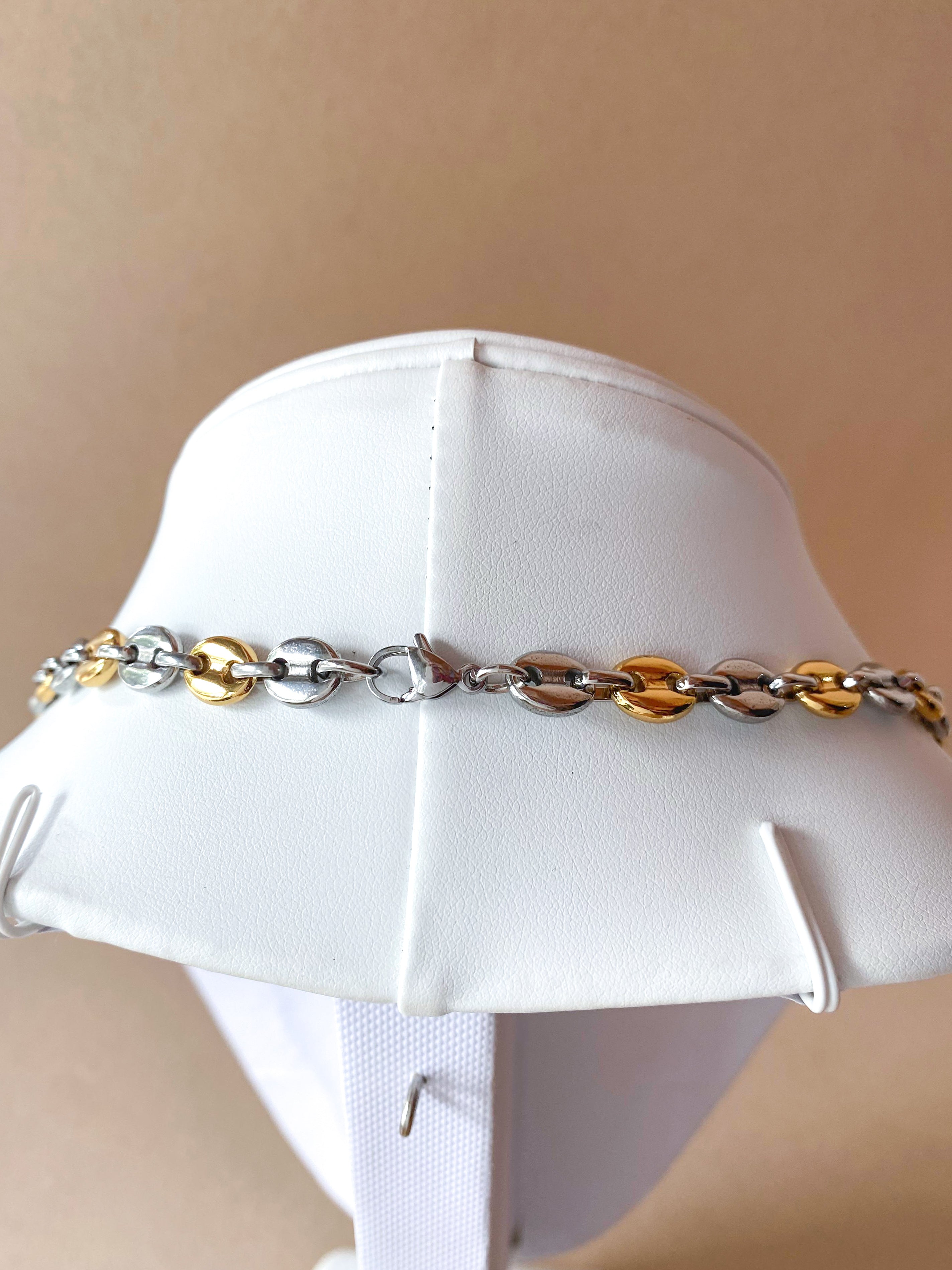 Large Silver & Gold Steel Coffee Grain Necklace