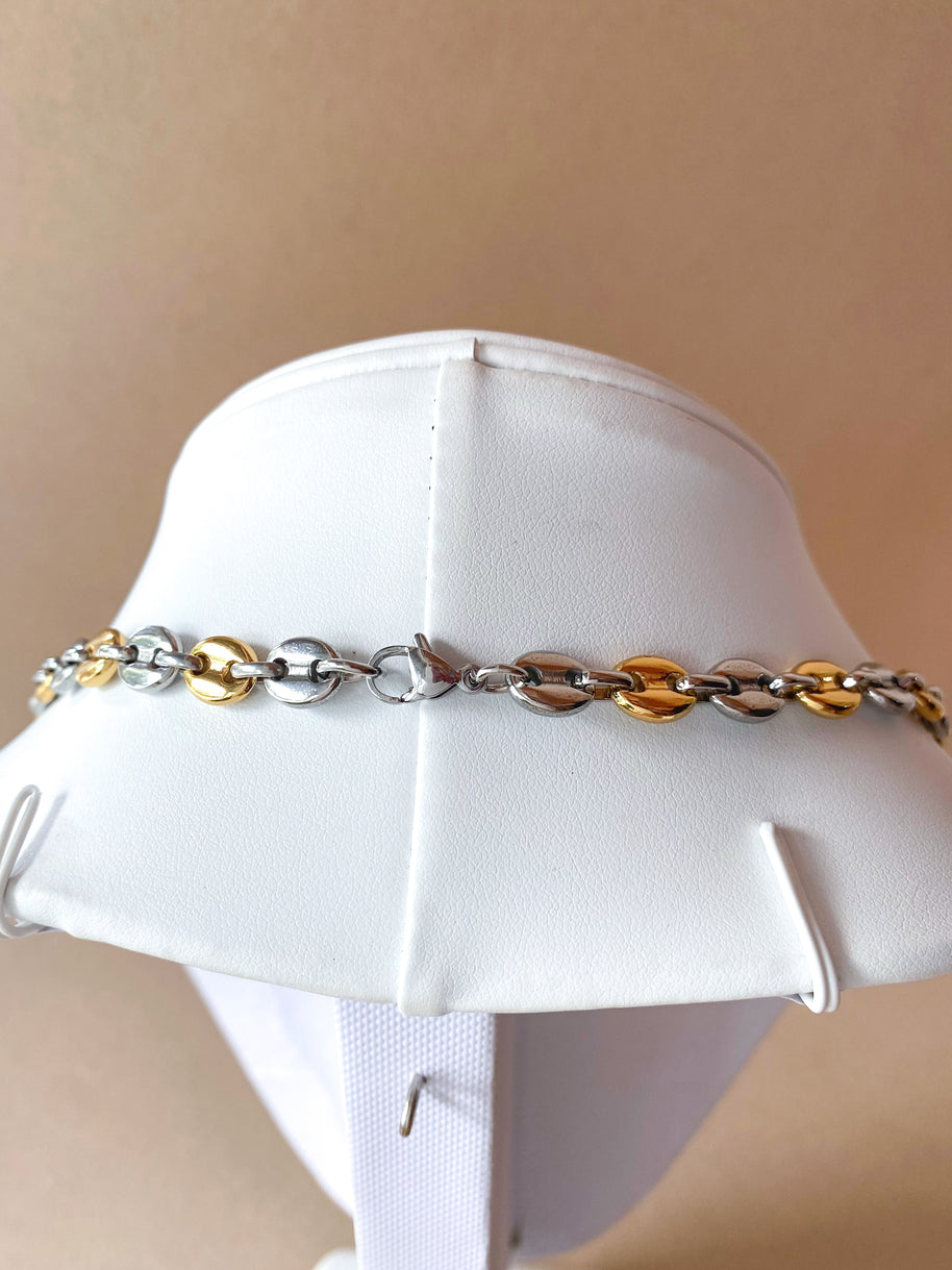 Large Silver & Gold Steel Coffee Grain Necklace