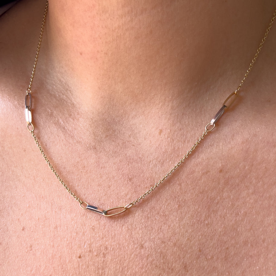 Gold and Silver PaperClip Station Chain 14k Solid Gold Necklace