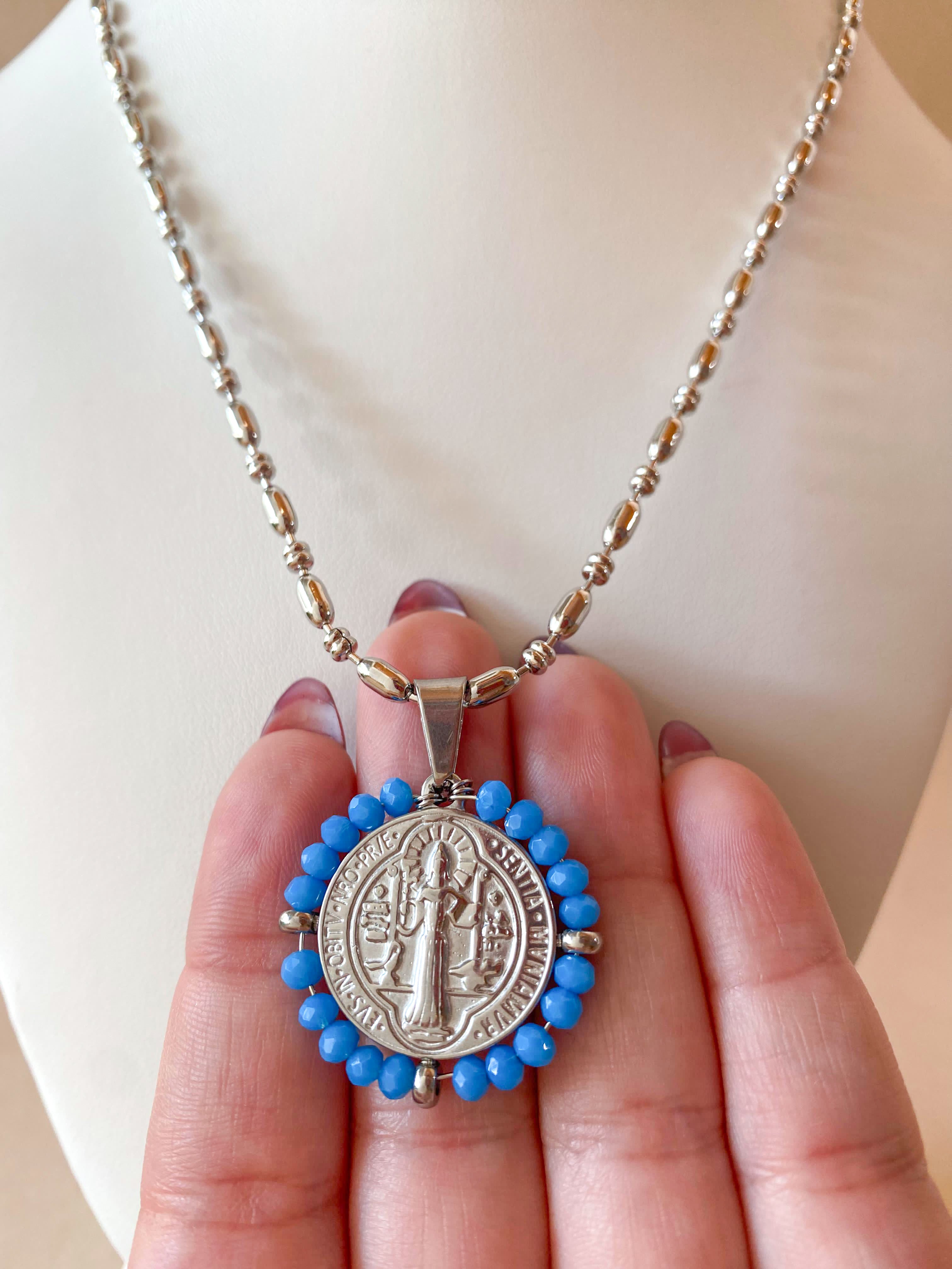 Silver St. Benedict Crystal Medal Necklaces