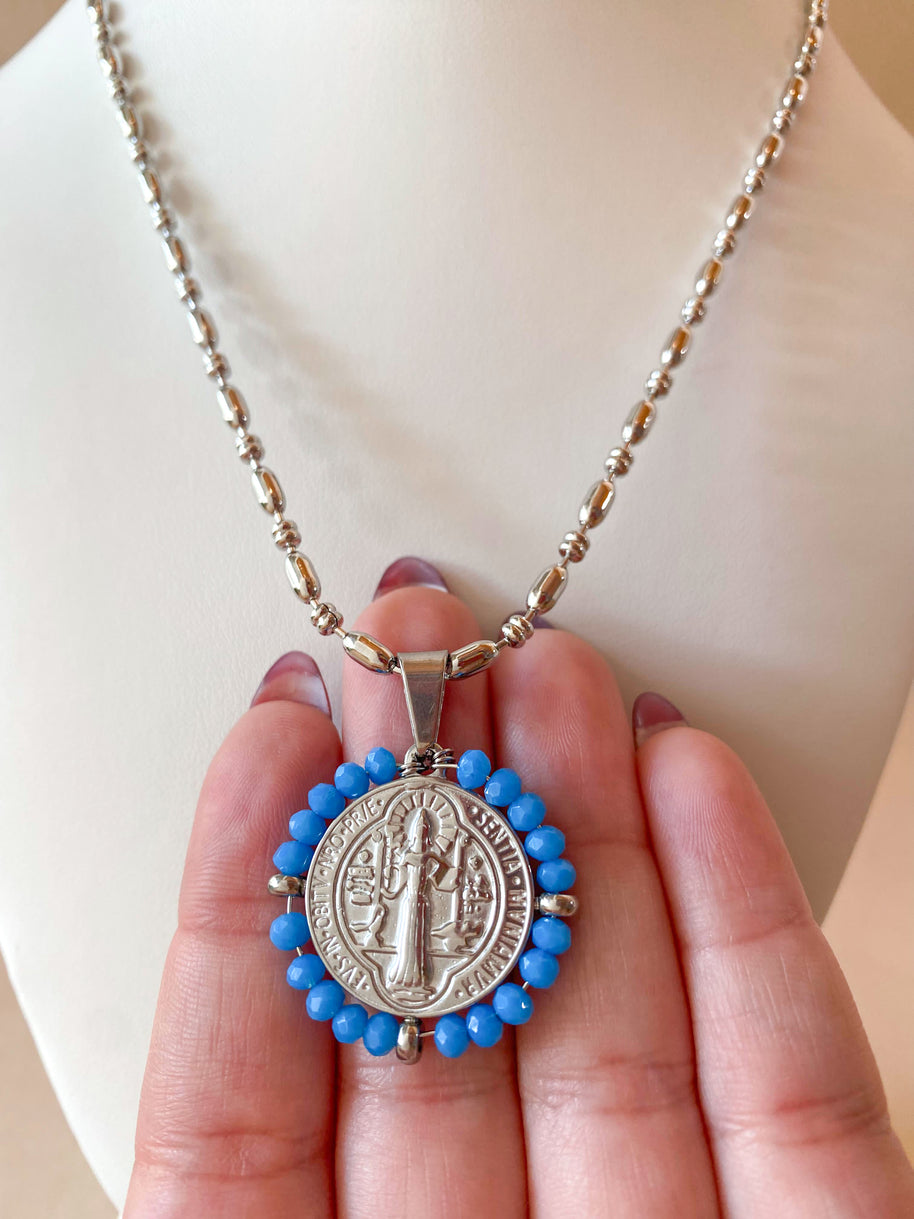 Silver St. Benedict Crystal Medal Necklaces