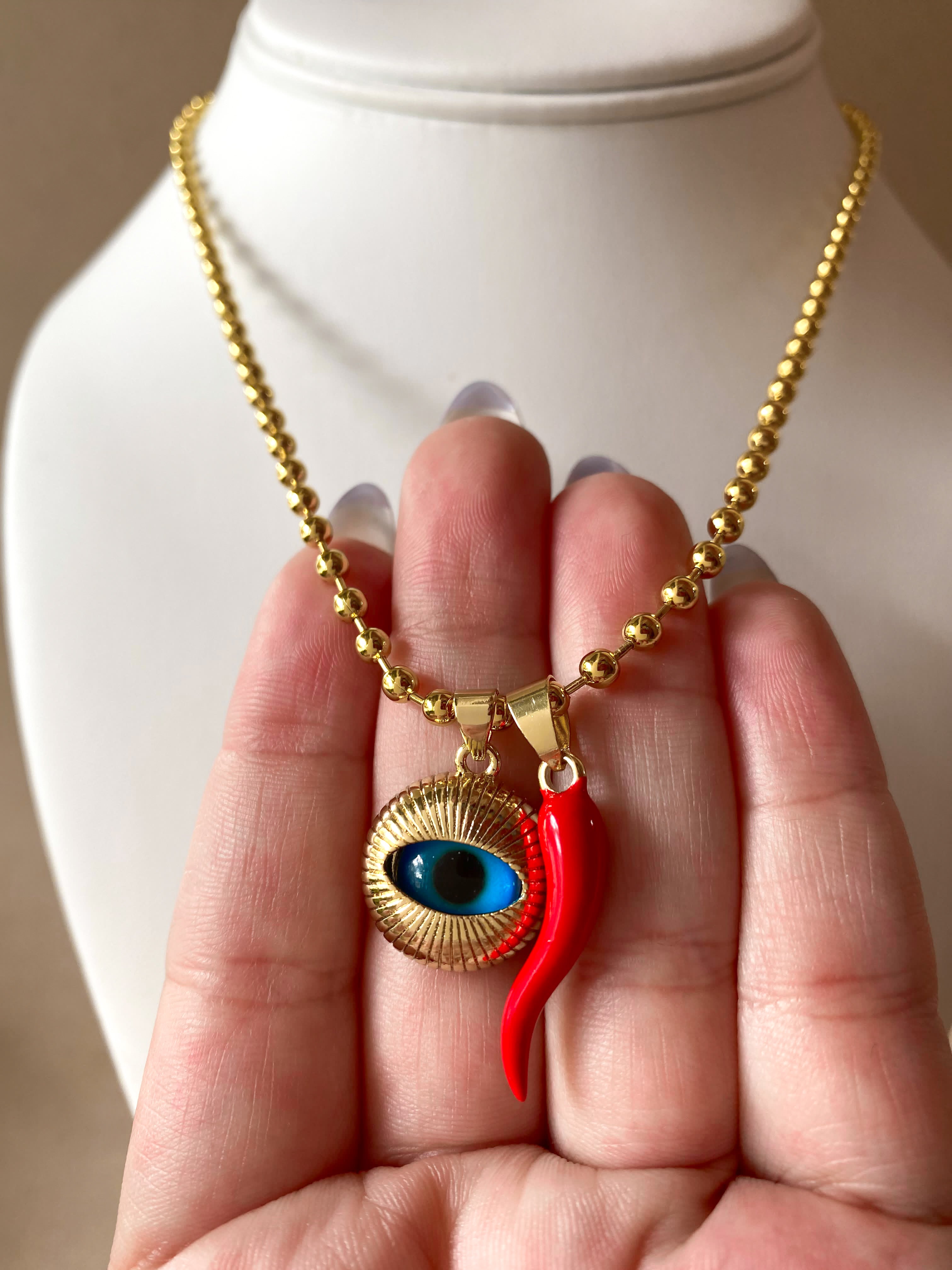 Golden Medium Evil Eye and Red Horn Necklace