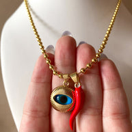 Golden Medium Evil Eye and Red Horn Necklace